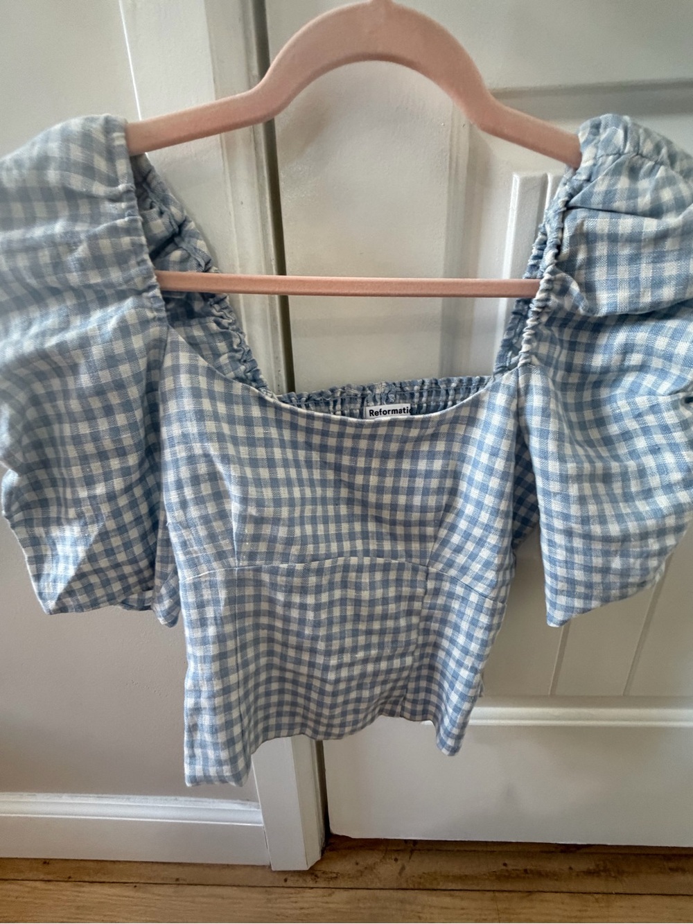 Reformation Light Blue Gingham Puff-Sleeve Square Neck Blouse